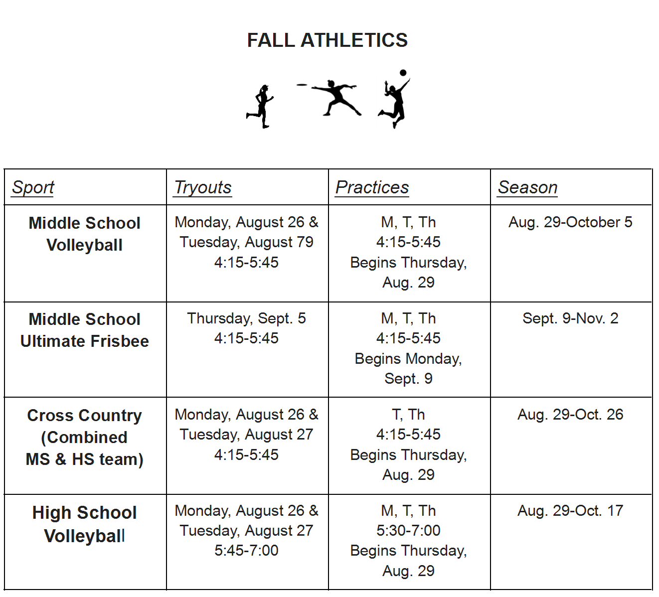 Fall Sports Schedule