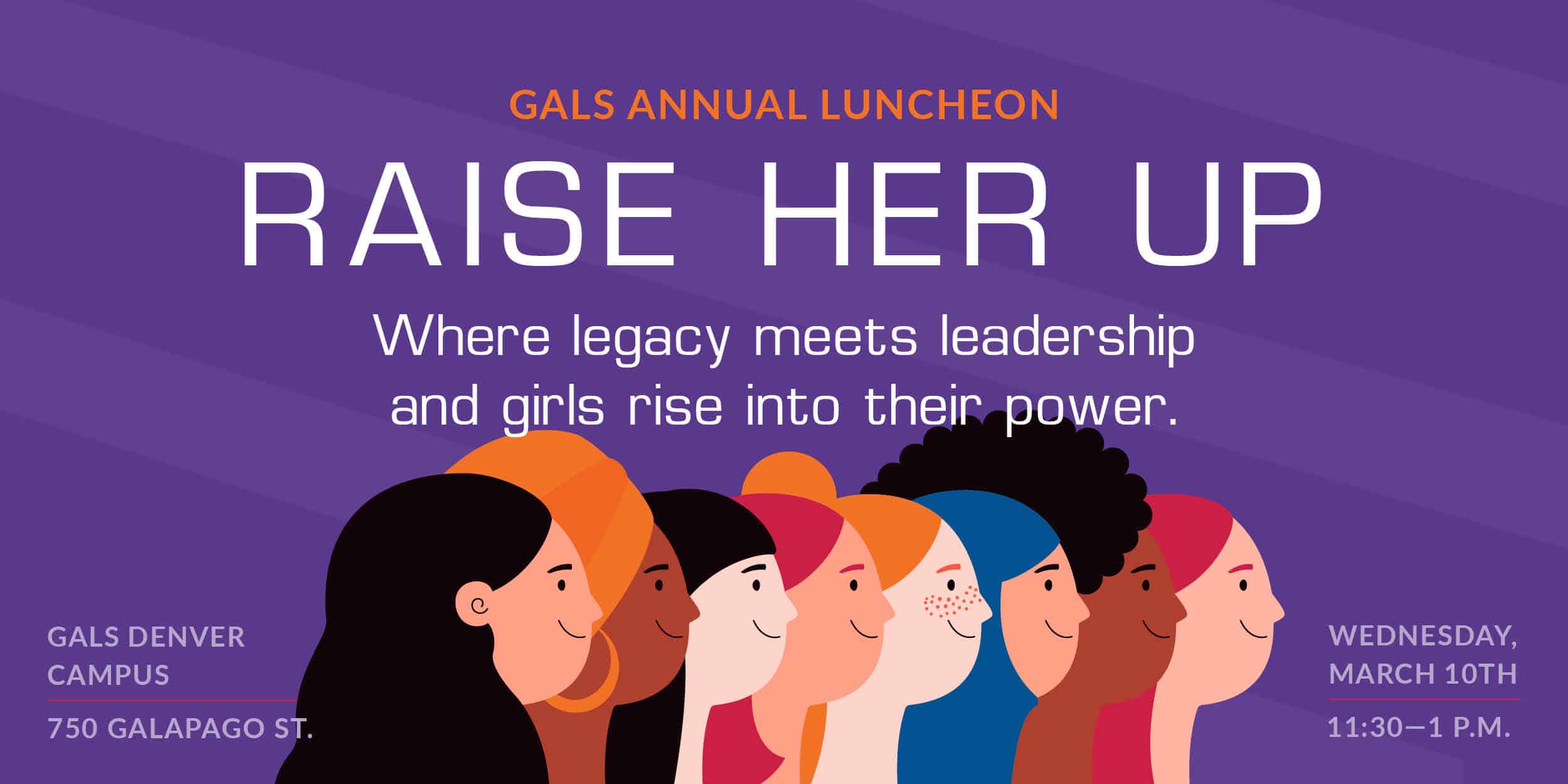 GALS ANNUAL CELEBRATION IMAGE WITH A GIRL KICKING A SOCCER BALL AND THE WORDS "GALS WHO LUNCH GALS WHO LAEAD" AND THE DATE AND TIME DETAILS ON A PURPLE AND RED BANNER WITH A WHITE CENTER